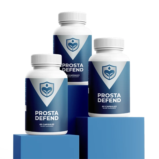 ProstaDefend supplement bottles on blue podiums